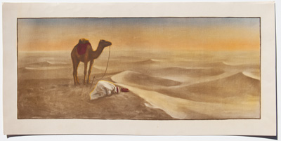 [nomad with camel, praying in the desert]